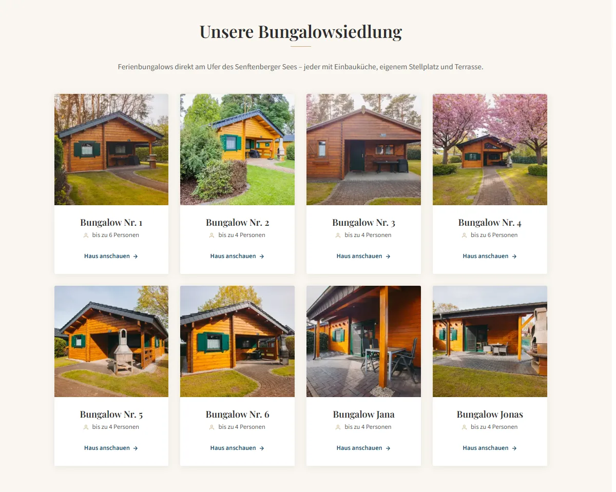 Öffentliche Übersichtsseite einer Bungalowsiedlung mit allen Häusern und Belegungslink