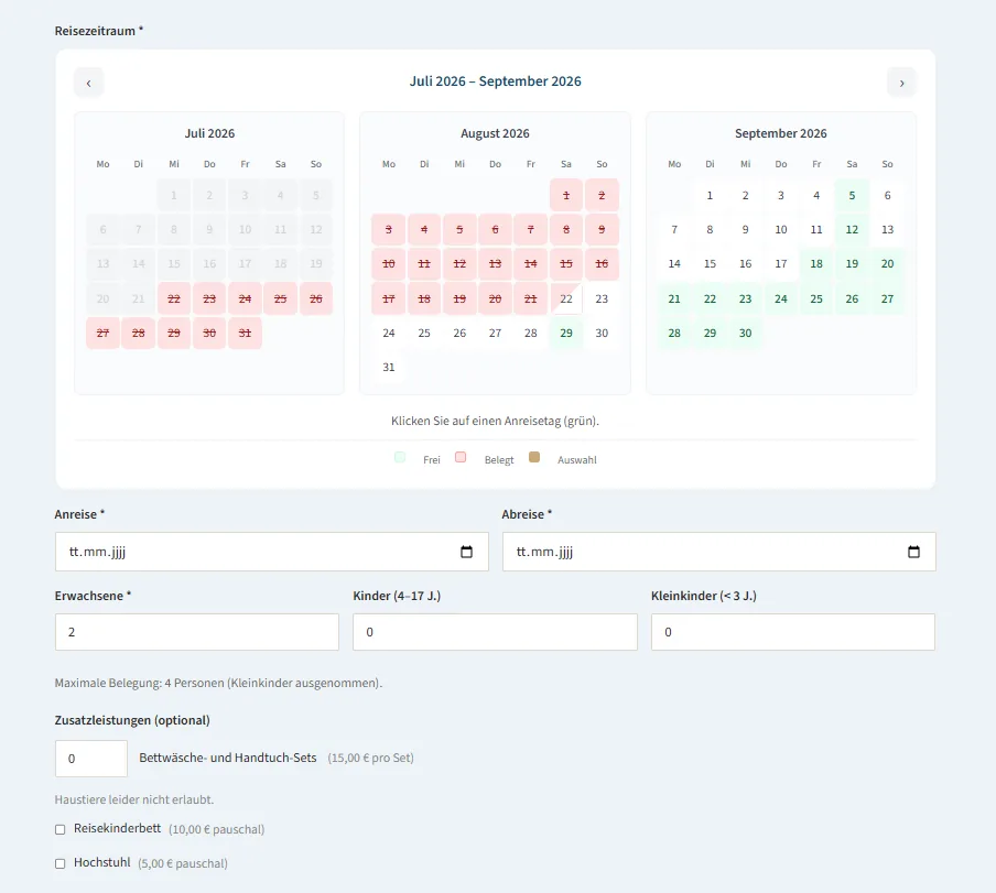 Öffentliche Verfügbarkeitssuche mit Reisezeitraum-Kalender und Buchungsformular